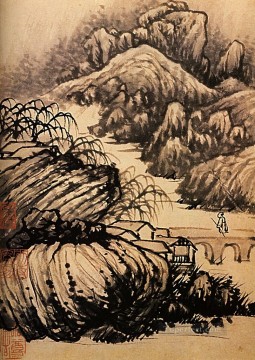  1707 Oil Painting - Shitao hiking in the area of the temple of the dragon 1707 traditional Chinese
